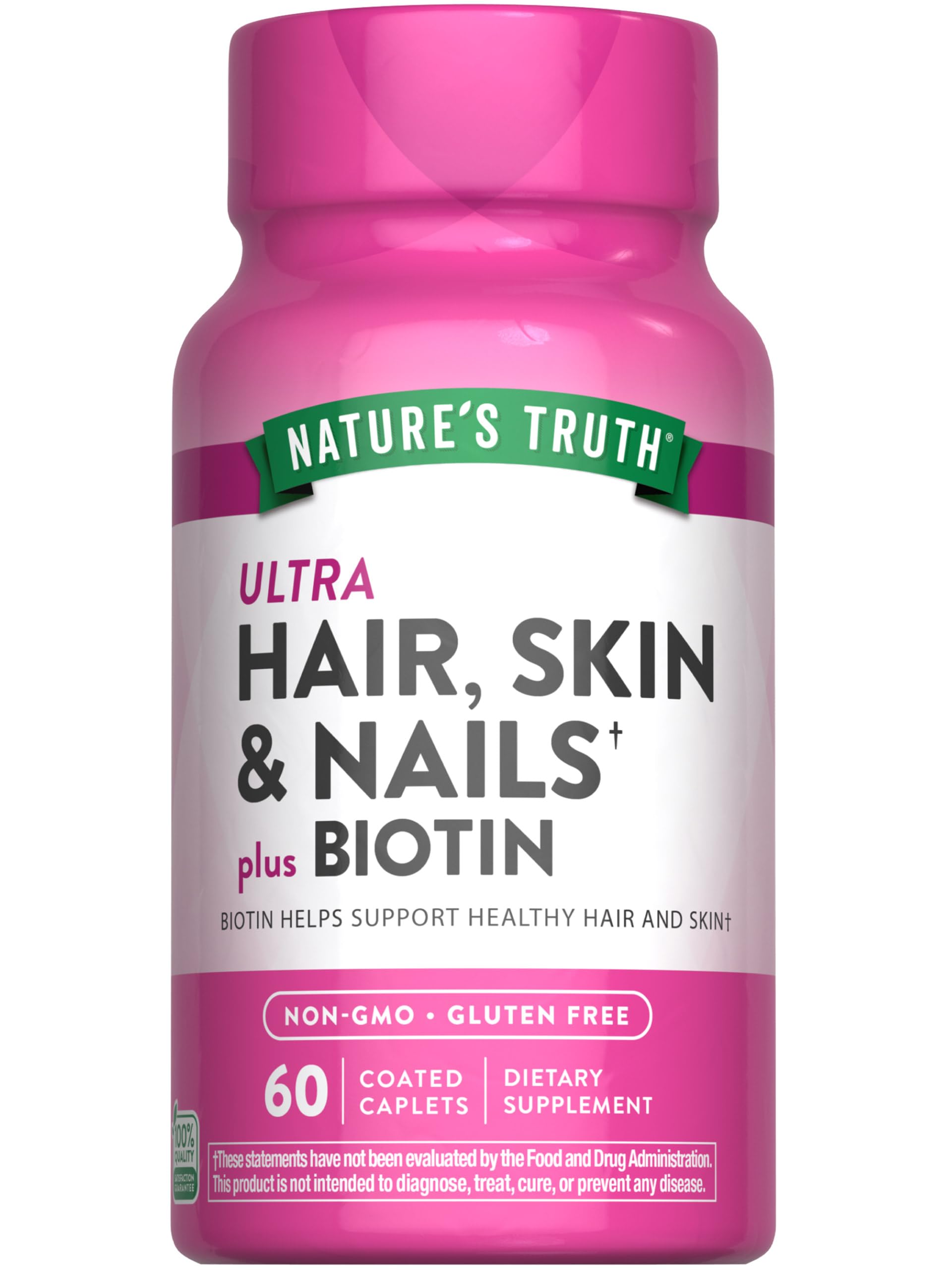 Nature's Truth Hair Skin and Nails bottle front showing daily beauty support in caplets