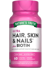 Nature's Truth Hair Skin and Nails bottle front showing daily beauty support in caplets