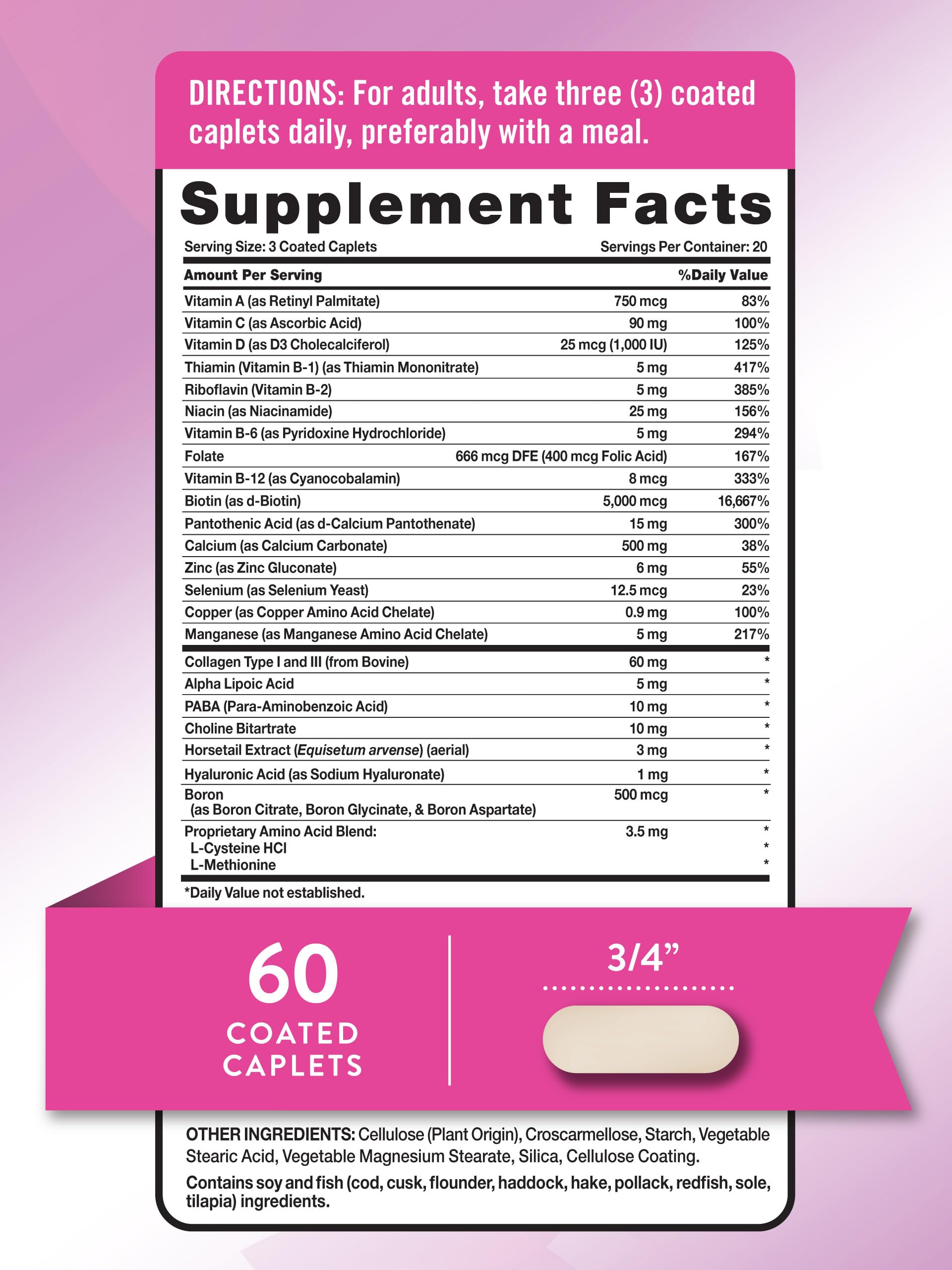 Nature's Truth Hair Skin and Nails caplets close-up highlighting 5,000 mcg biotin