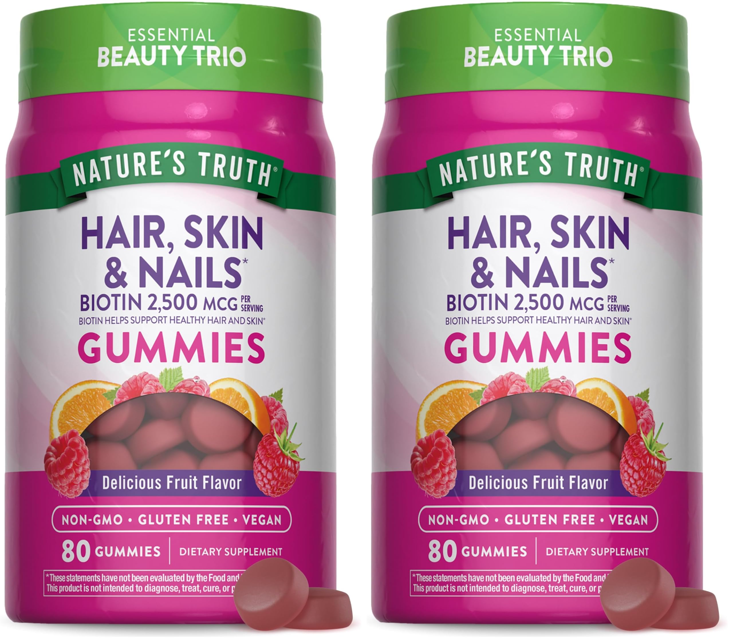 Nature's Truth Hair Skin and Nails Gummies bottle promotes vegan beauty support.