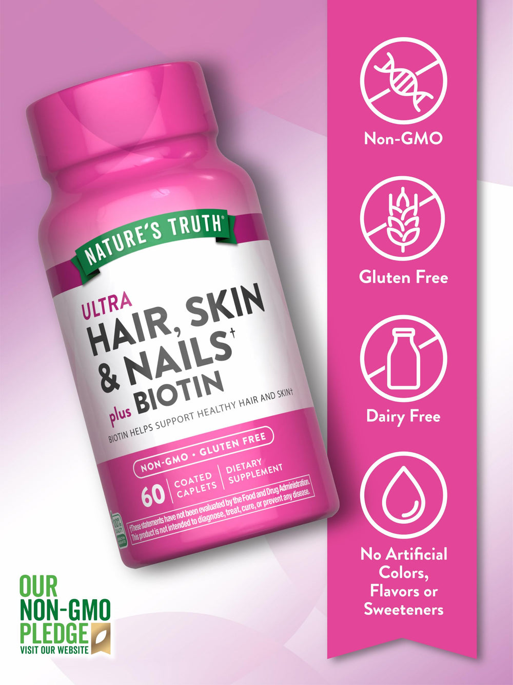 Nature's Truth Hair Skin and Nails label close-up with non-GMO and gluten-free notes