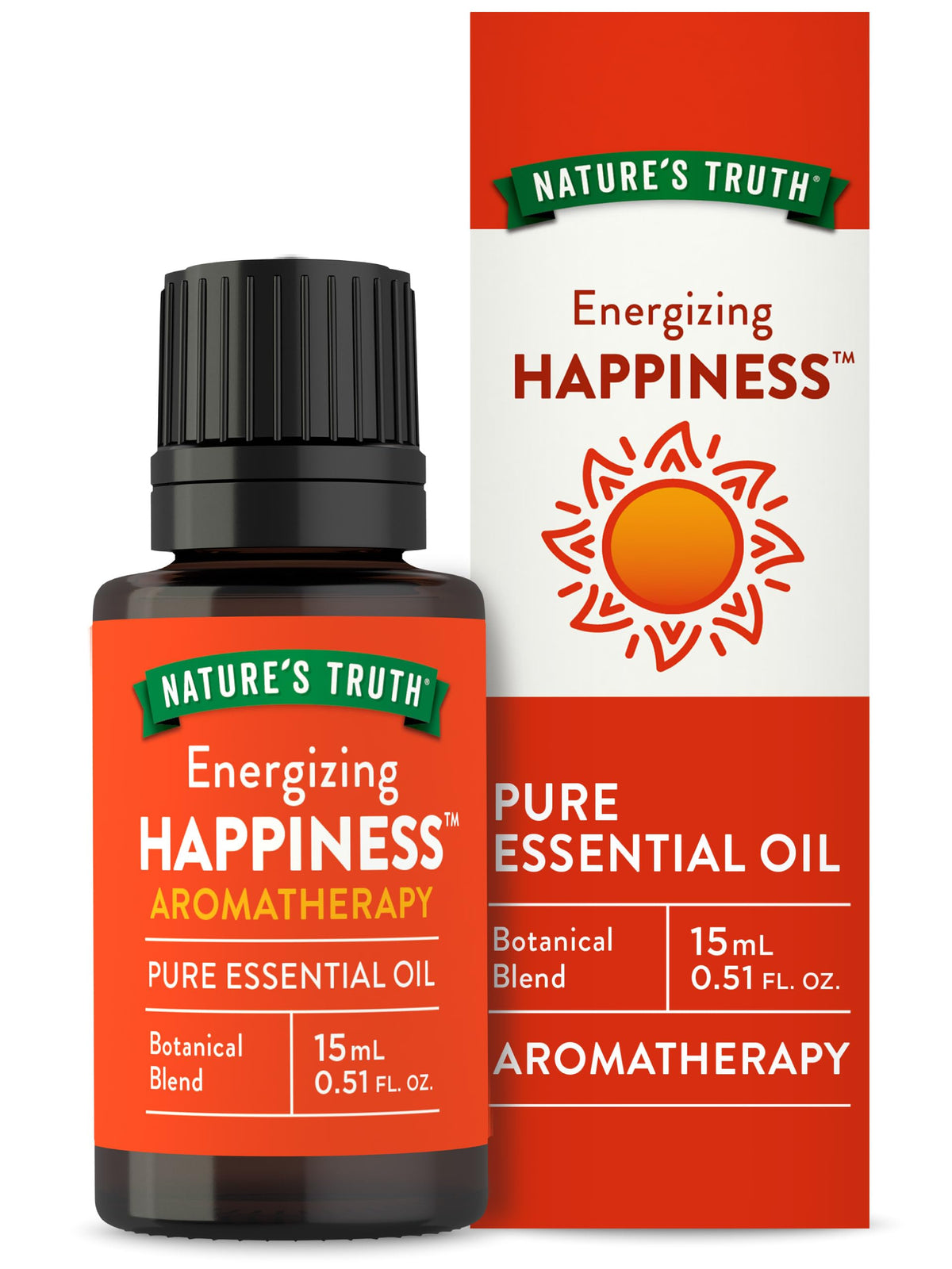 Nature's Truth Happiness essential oil bottle used for diffuse aromatherapy to uplift mood.