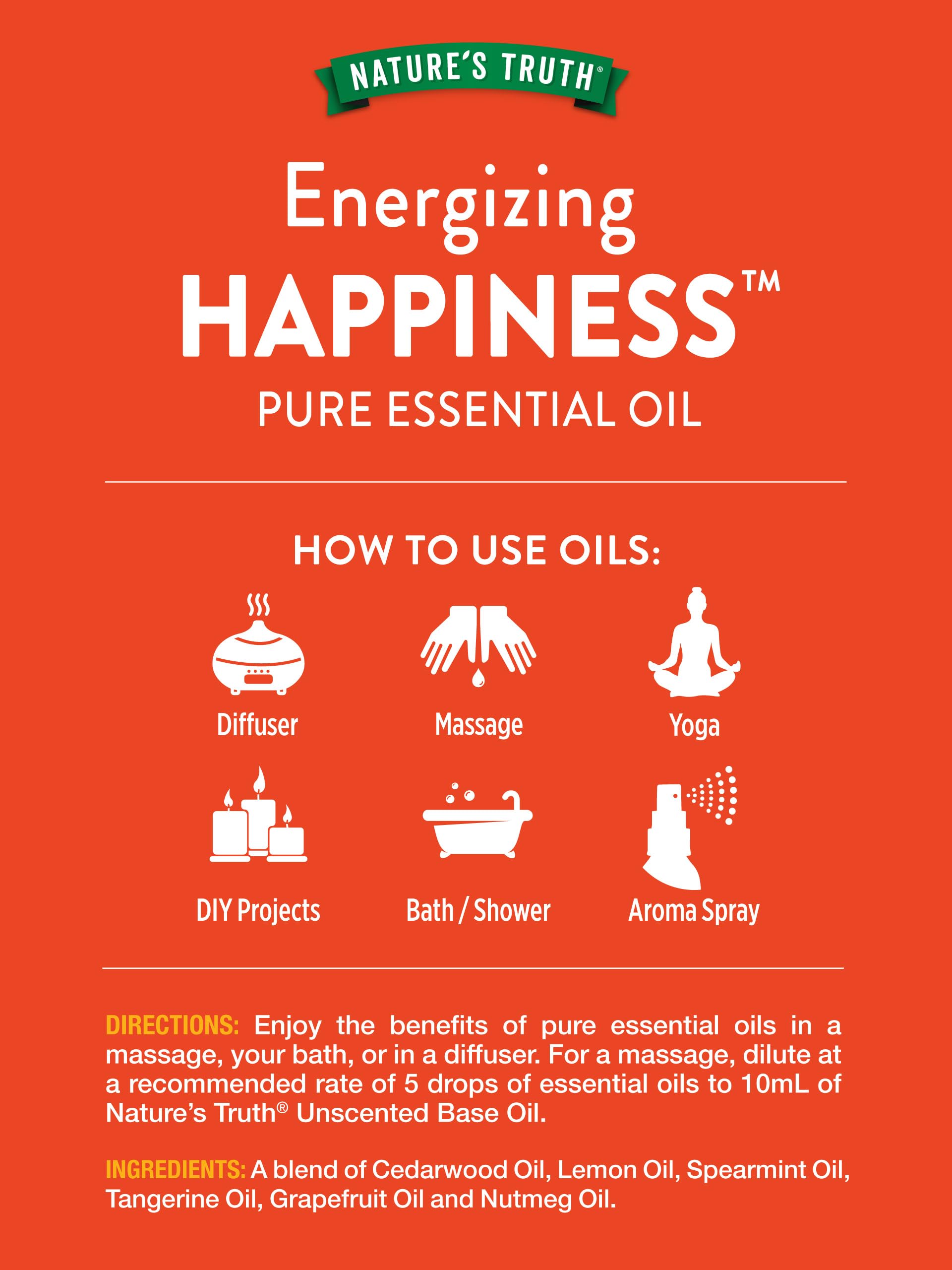 Happiness essential oil in shower or bath for a refreshing spa-like experience.