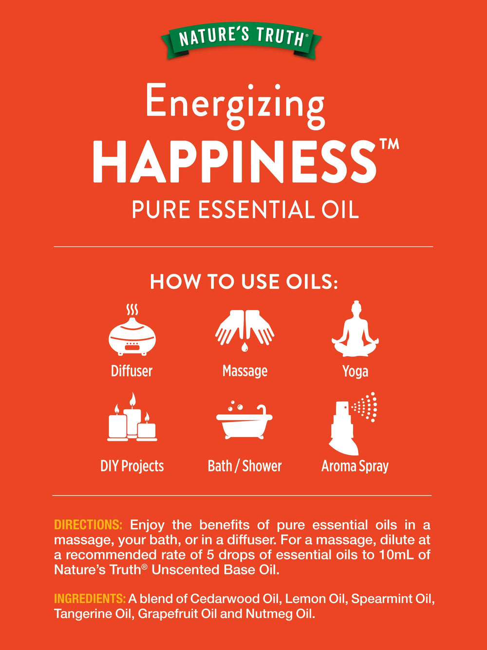 Happiness essential oil in shower or bath for a refreshing spa-like experience.