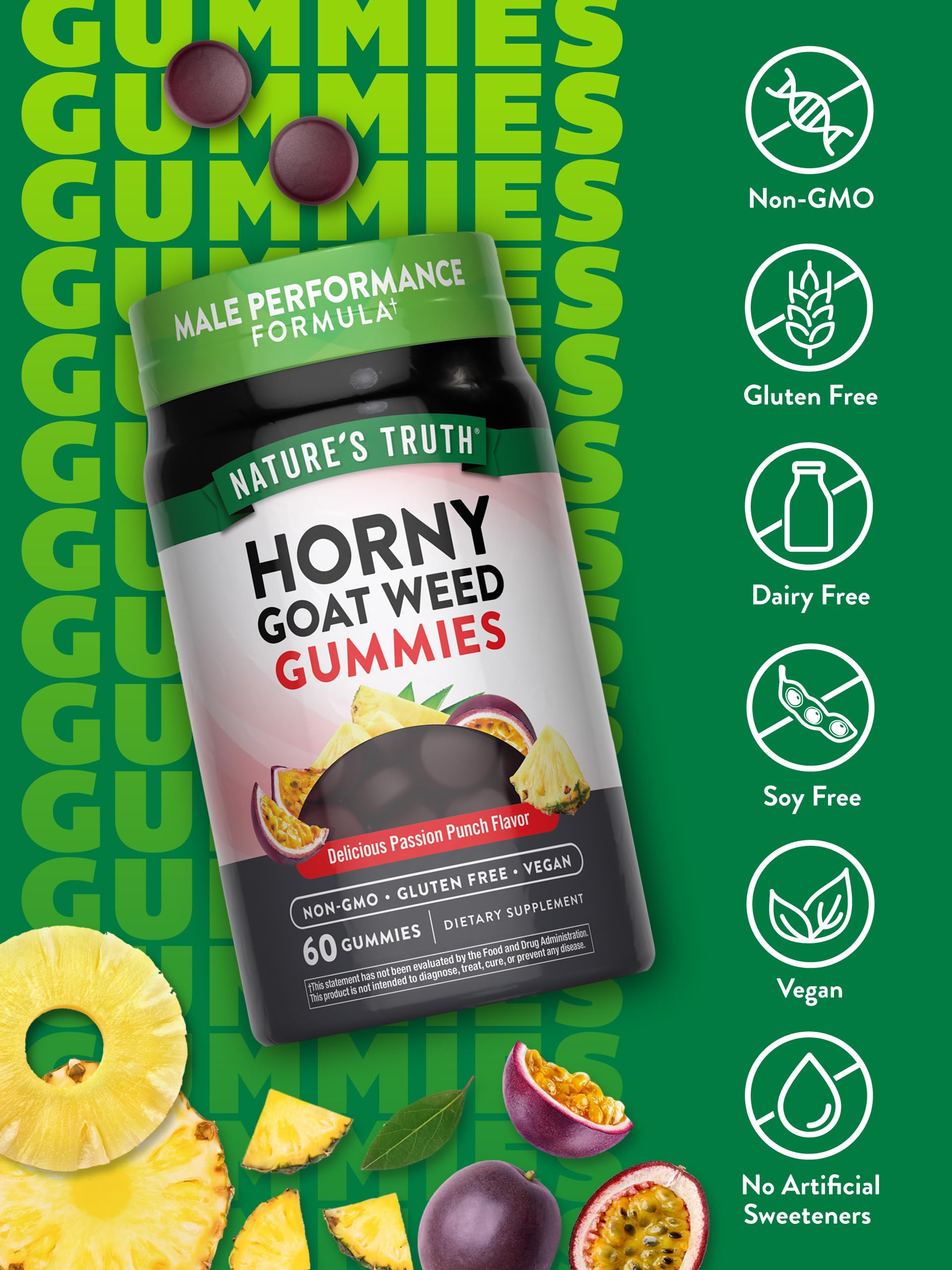 Nature's Truth Horny Goat Weed Gummies with Maca extract highlighting performance-support taste.