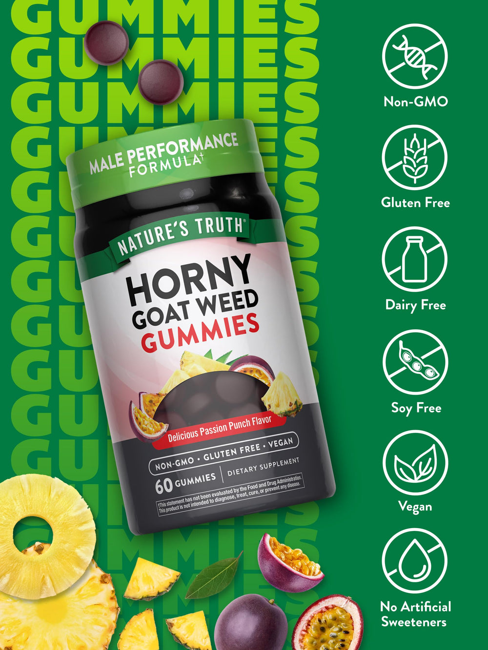 Nature's Truth Horny Goat Weed Gummies with Maca extract highlighting performance-support taste.