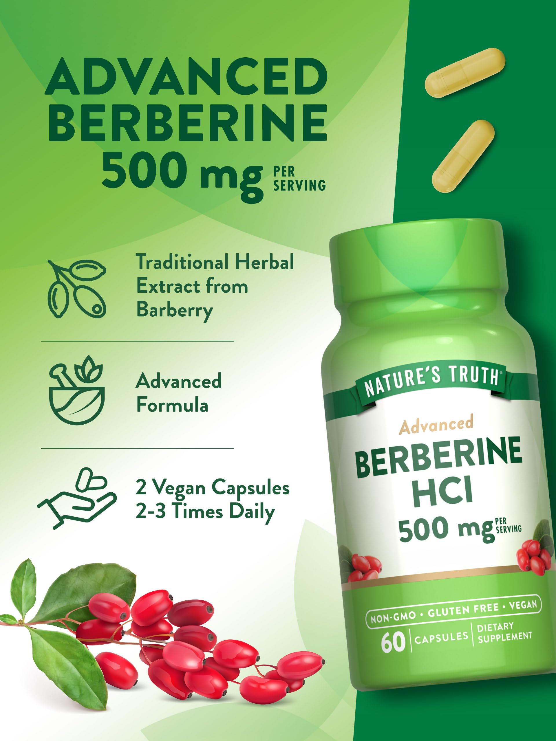 Clear ingredients panel confirms clean, allergen-free berberine formula.