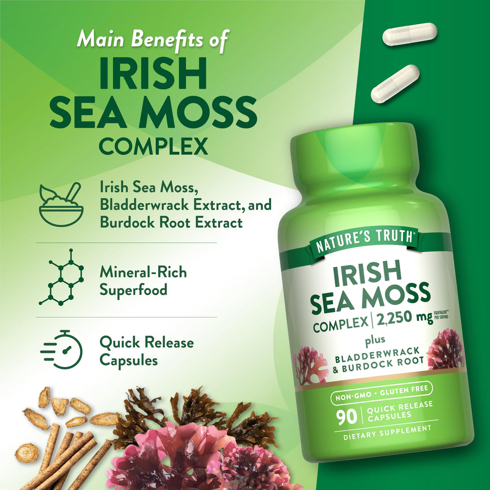 Nature's Truth Irish Sea Moss Capsules gluten-free non-GMO label visible