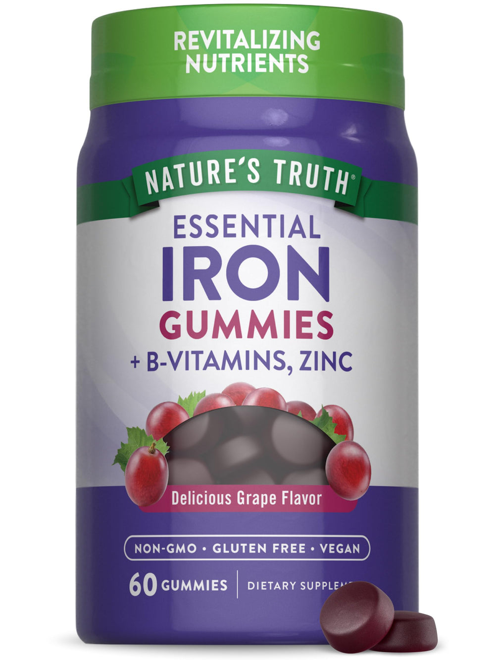 Nature's Truth Iron Gummies bottle: vegan iron support in a grape-flavored treat.