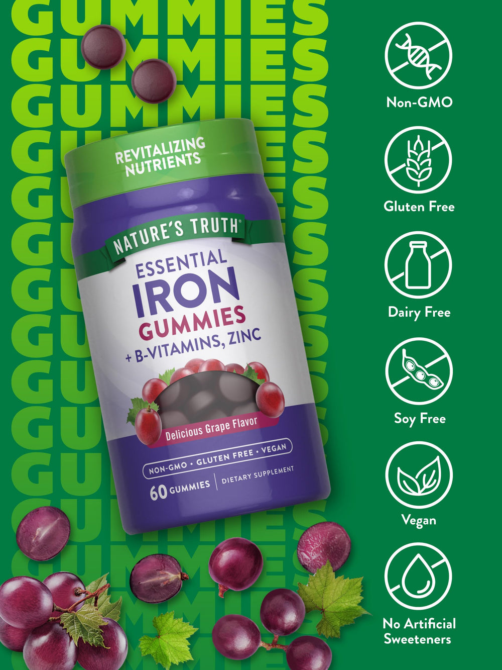 Nature's Truth Iron Gummies label: gluten-free, non-GMO vegan formula designed for easy daily use.