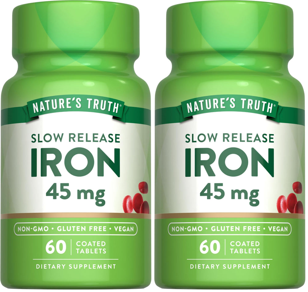 Nature's Truth Iron Supplement bottle shows slow-release iron for daily support