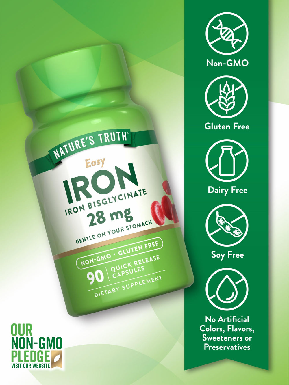 Nature's Truth iron supplement label close-up showing quality and ingredients