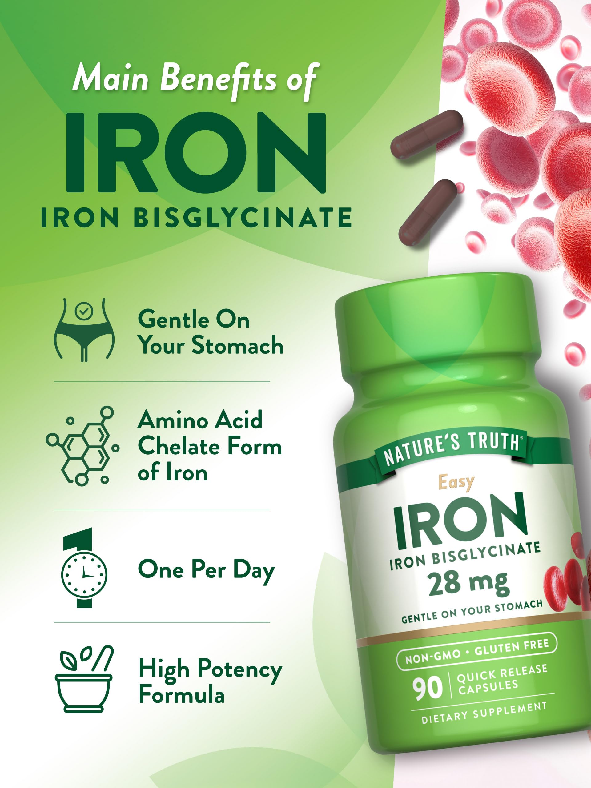 Nature's Truth iron supplement icons for non-GMO and gluten-free attributes