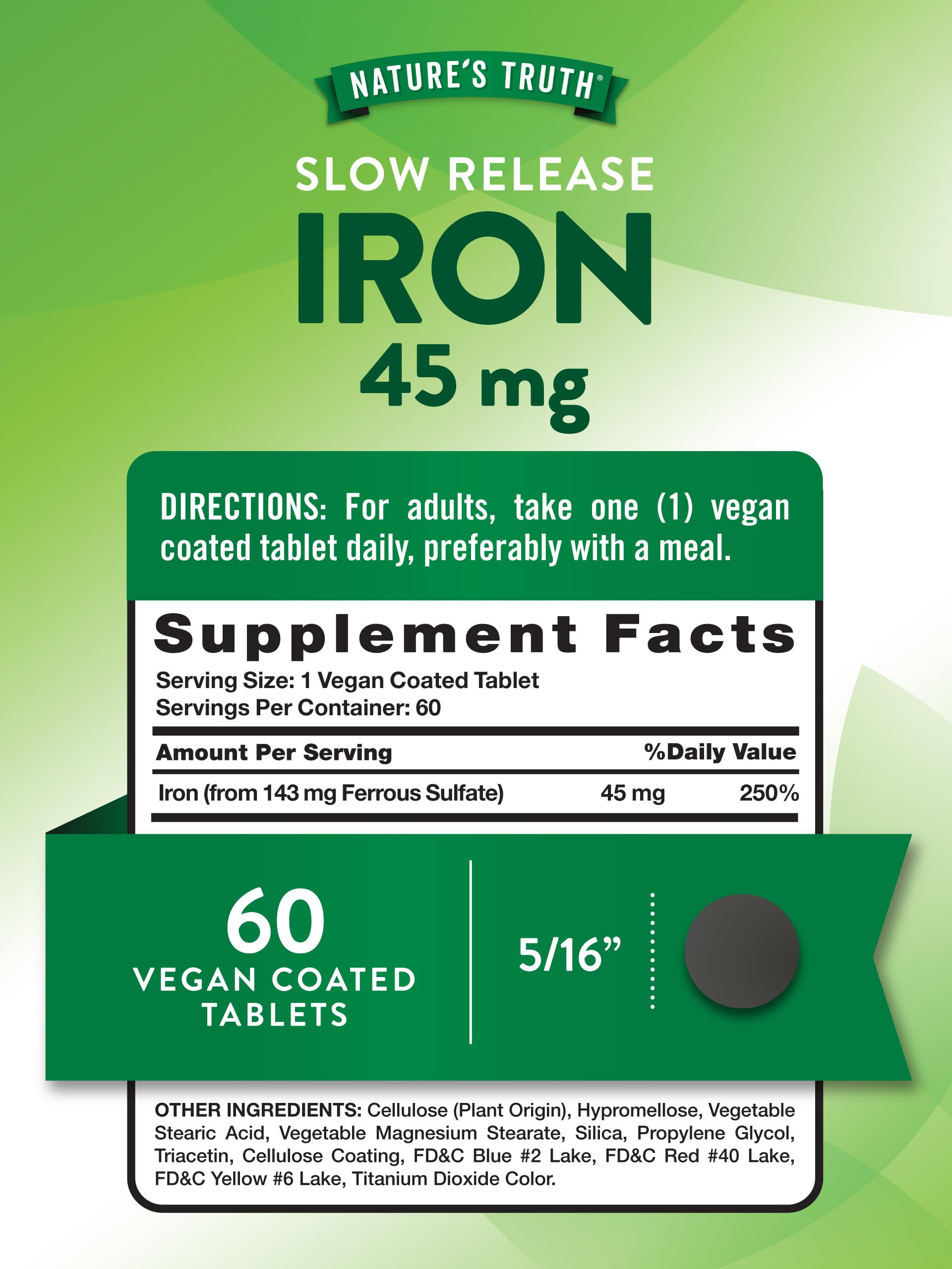 Nature's Truth Iron Supplement tablets close-up highlighting slow-release formula