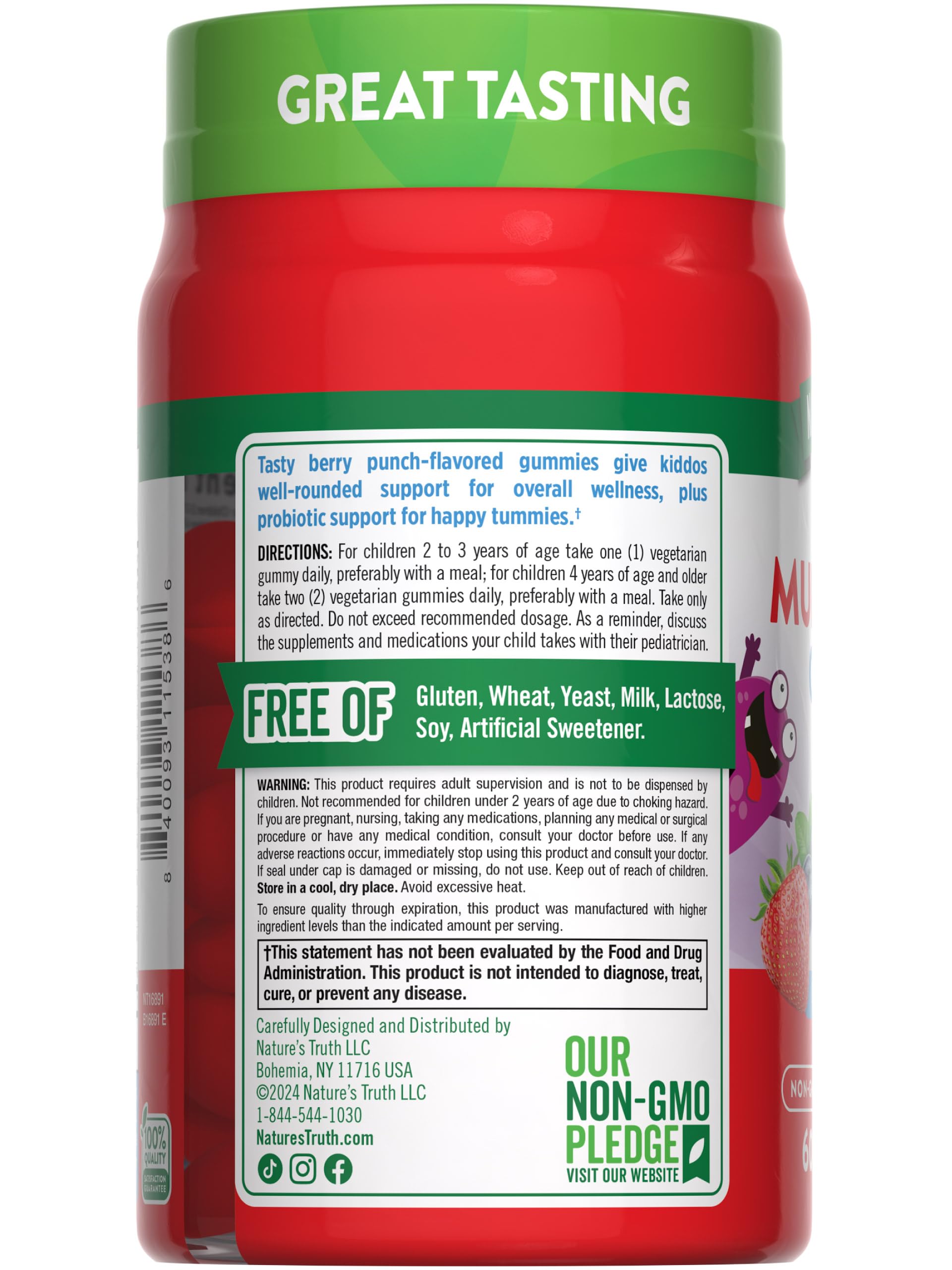 Nature's Truth Kids Multivitamin Gummies Non-GMO badge and clean ingredient panel.