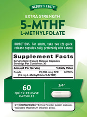 Nature's Truth L-Methylfolate 15mg capsules close-up highlighting gluten-free, non-GMO formula.