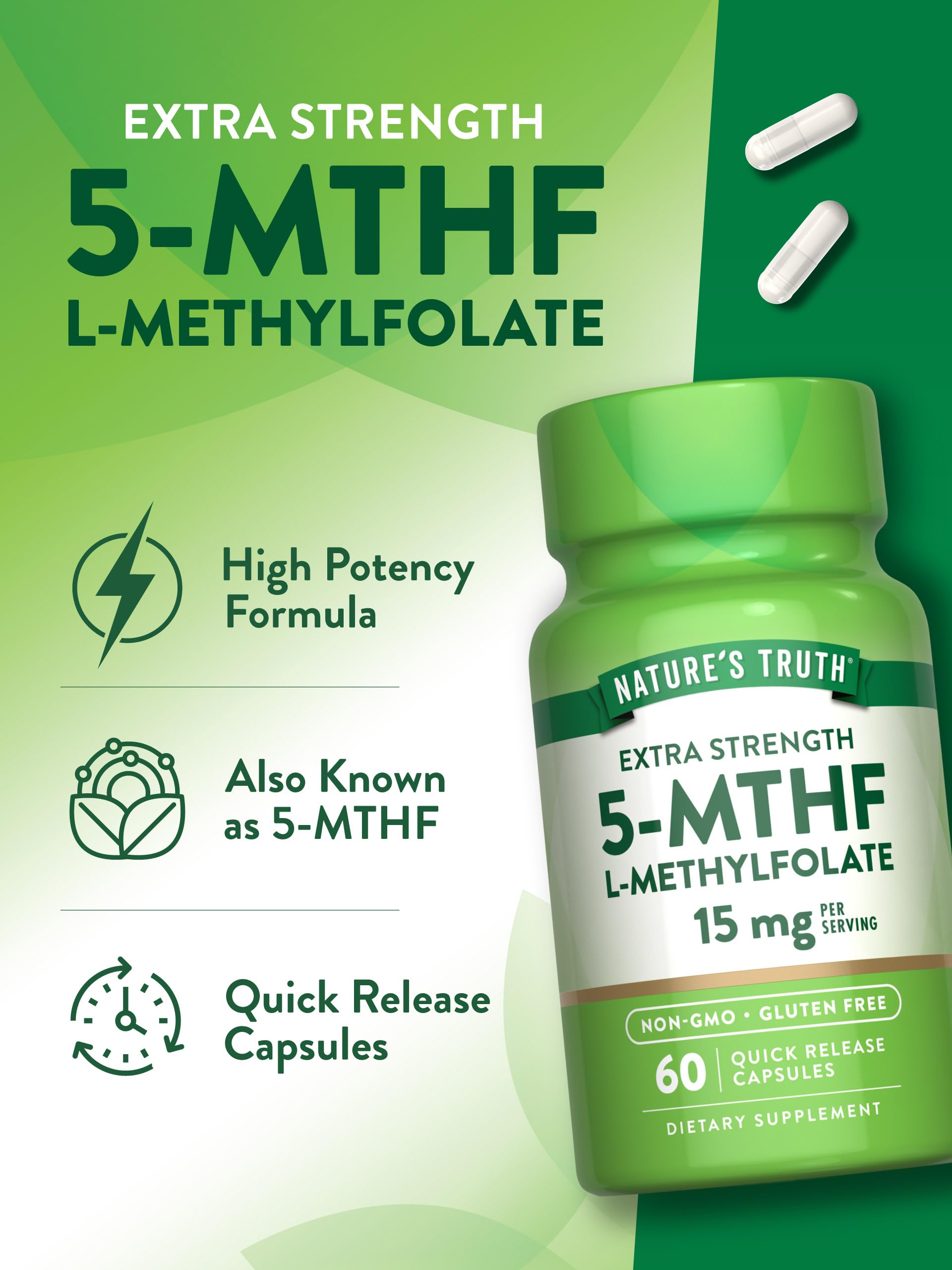 Nature's Truth L-Methylfolate 15mg jar showing gluten-free ingredients and non-GMO status.