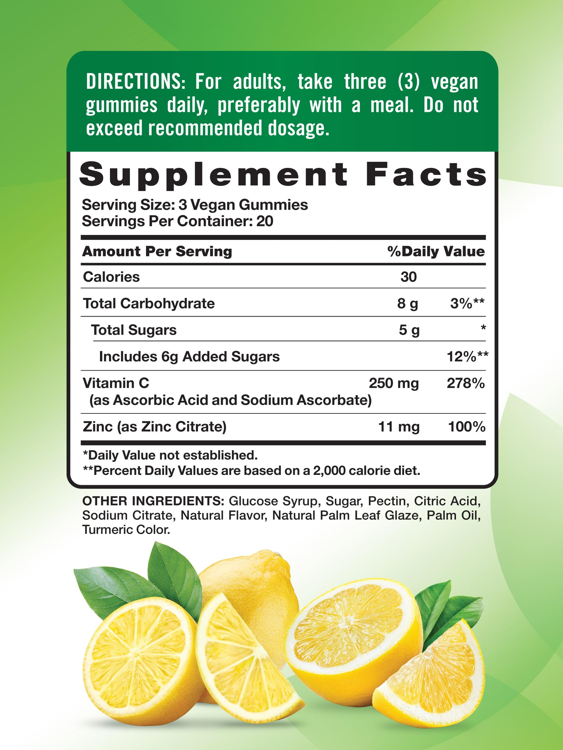 Nature's Truth lemon-flavored gummies close-up highlighting vegan, gluten-free formula