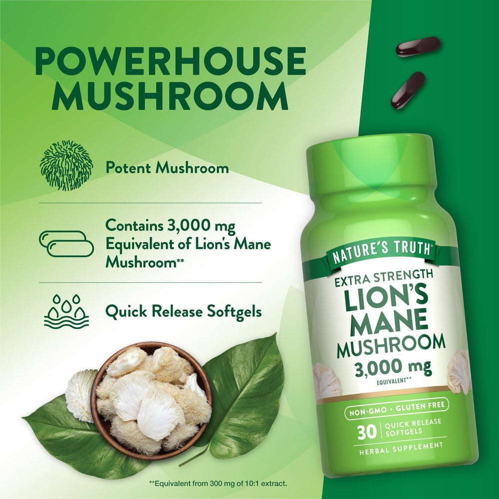 Ingredients panel on Lions Mane softgels highlighting gluten-free and non-GMO.