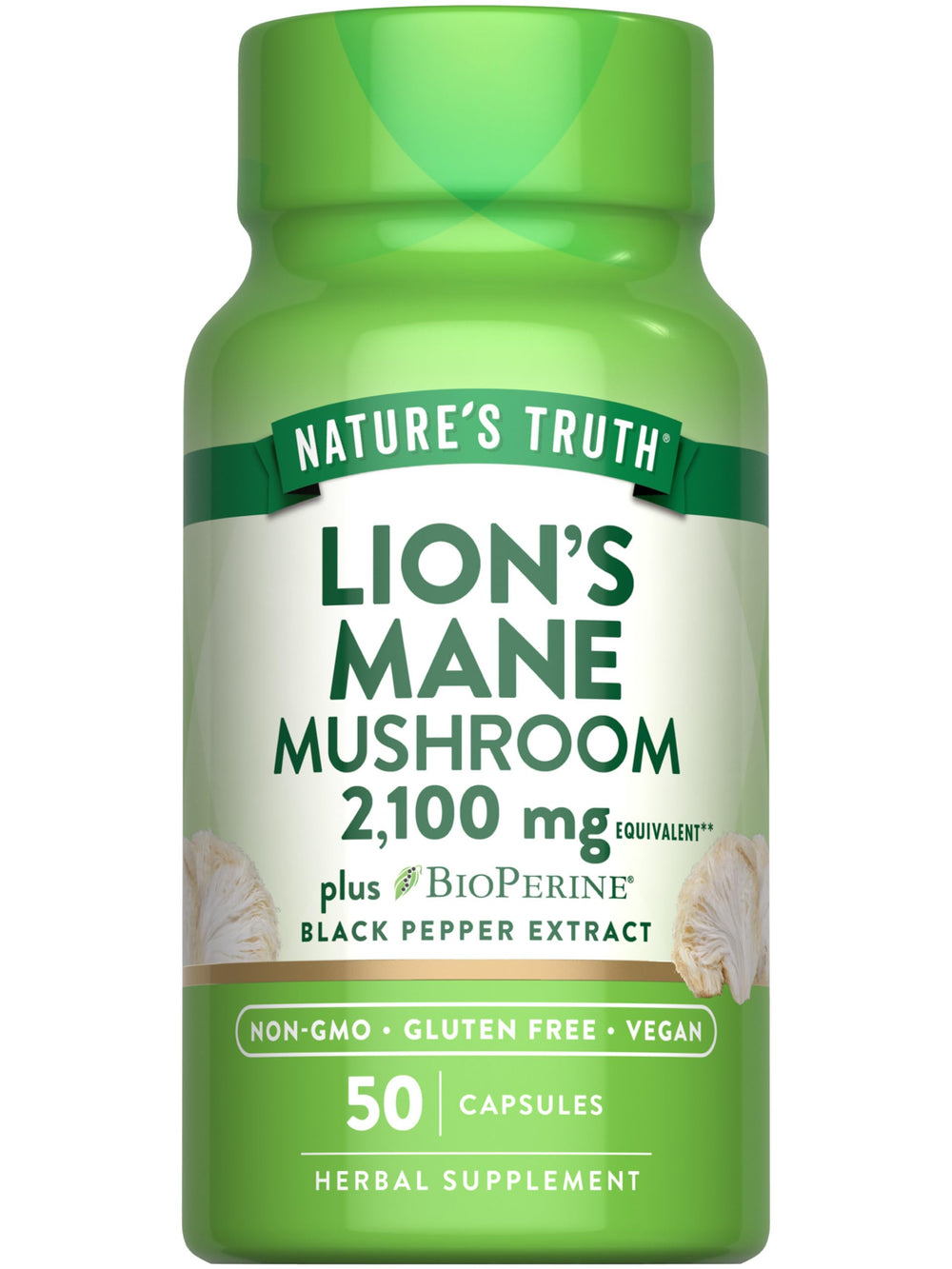 Nature's Truth Lions Mane bottle front shows high potency vegan capsules.