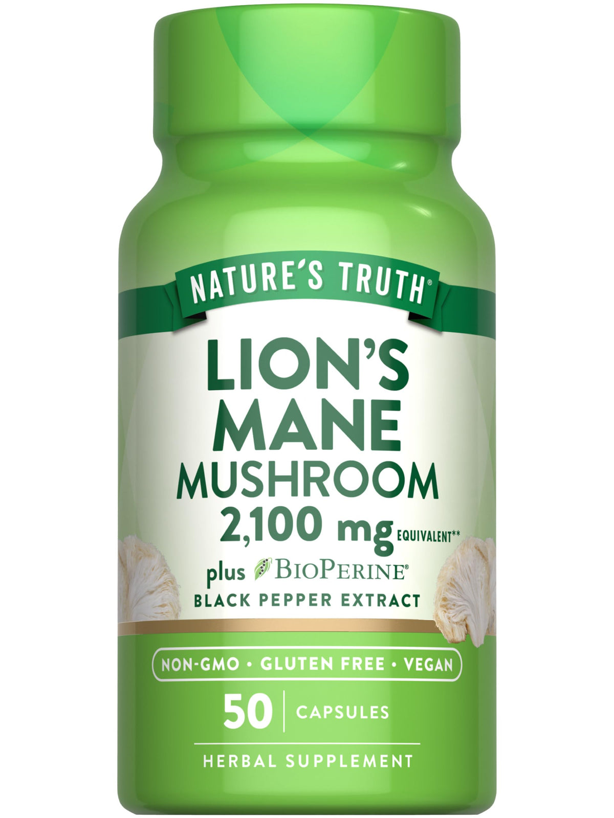 Nature's Truth Lions Mane bottle front shows high potency vegan capsules.