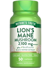 Nature's Truth Lions Mane bottle front shows high potency vegan capsules.
