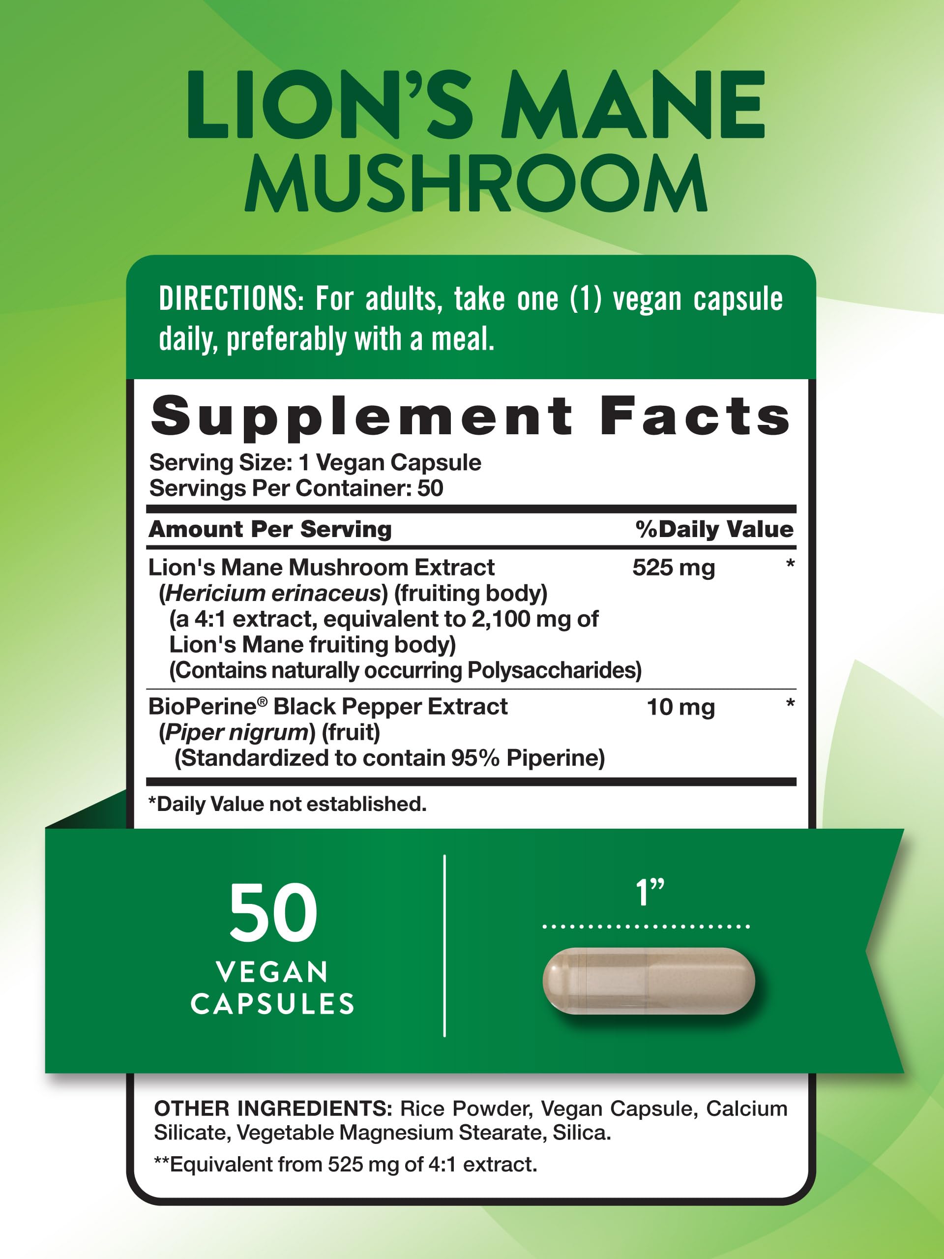 Nature's Truth Lions Mane bottle label confirms vegan, gluten-free, non-GMO formula.