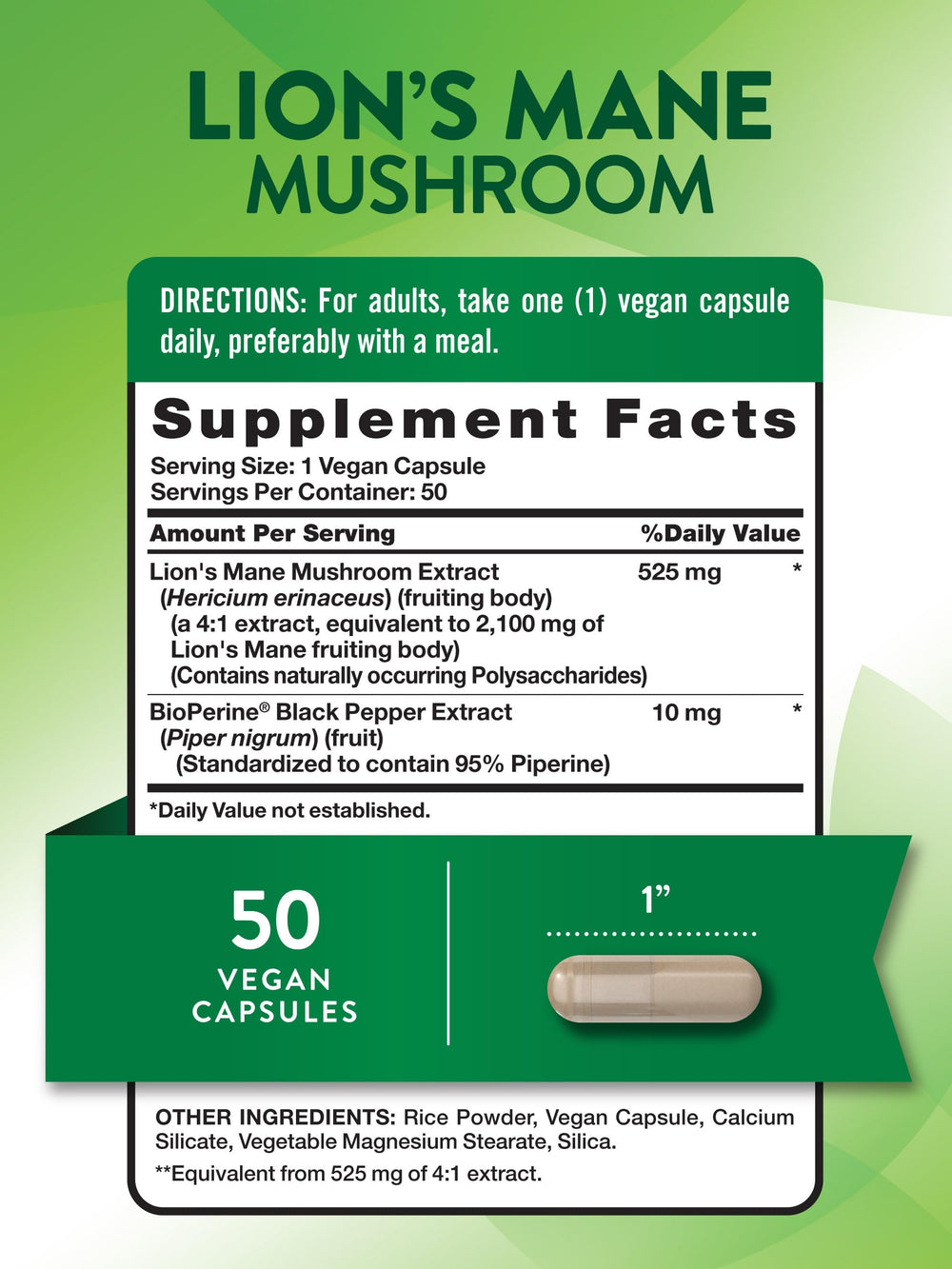 Nature's Truth Lions Mane bottle label confirms vegan, gluten-free, non-GMO formula.