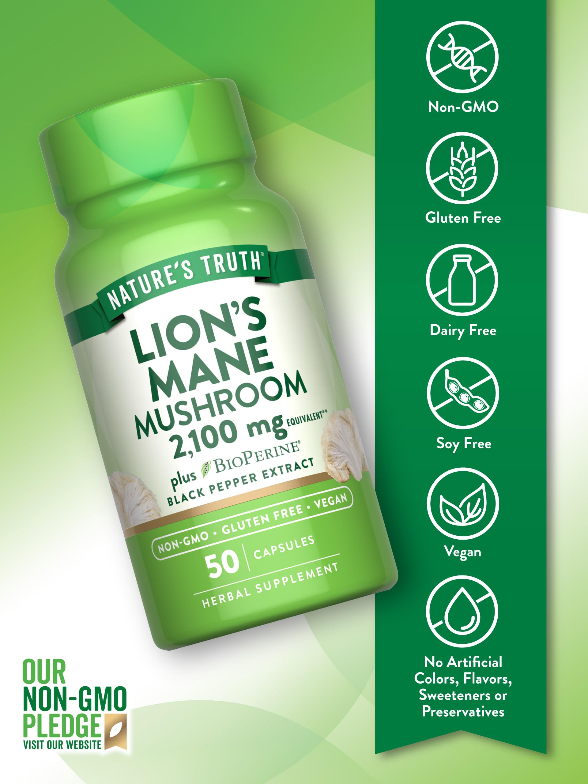 Close-up of Nature's Truth Lions Mane capsules in vegan shell for daily use.