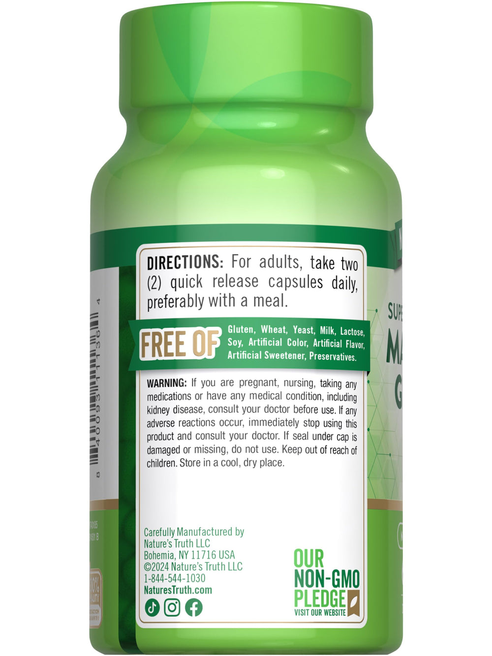 Nature's Truth magnesium glycinate capsules bottle side view emphasizes quality craftsmanship