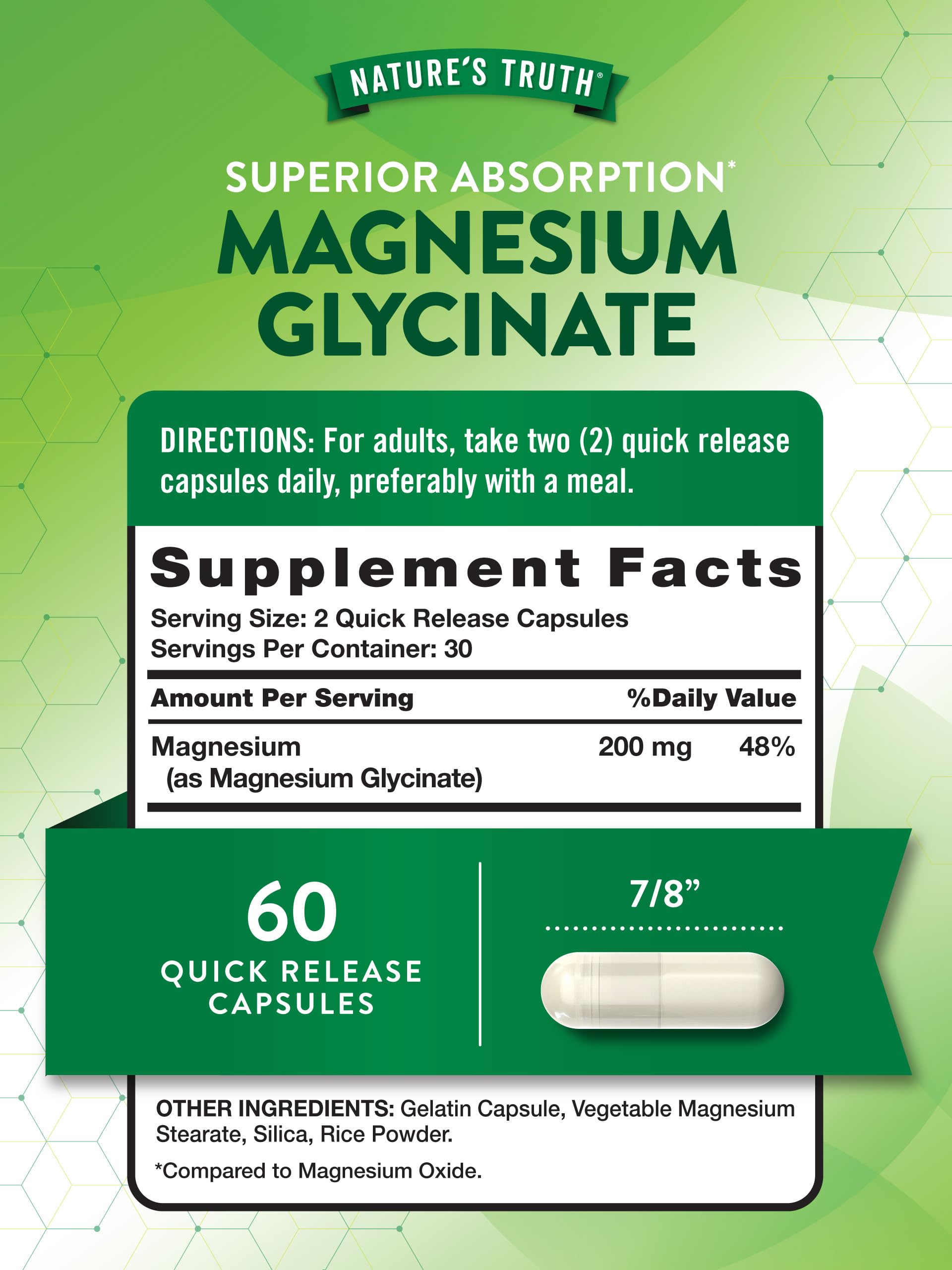 Nature's Truth magnesium glycinate capsules close-up showing small quick-release capsules for daily use
