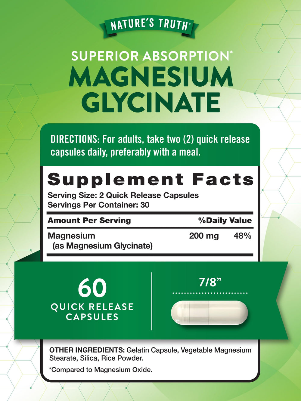Nature's Truth magnesium glycinate capsules close-up showing small quick-release capsules for daily use