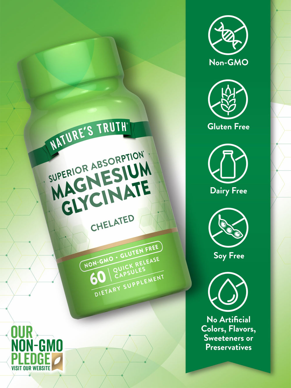Nature's Truth magnesium glycinate capsules nutrition label view communicates gluten-free, non-GMO quality