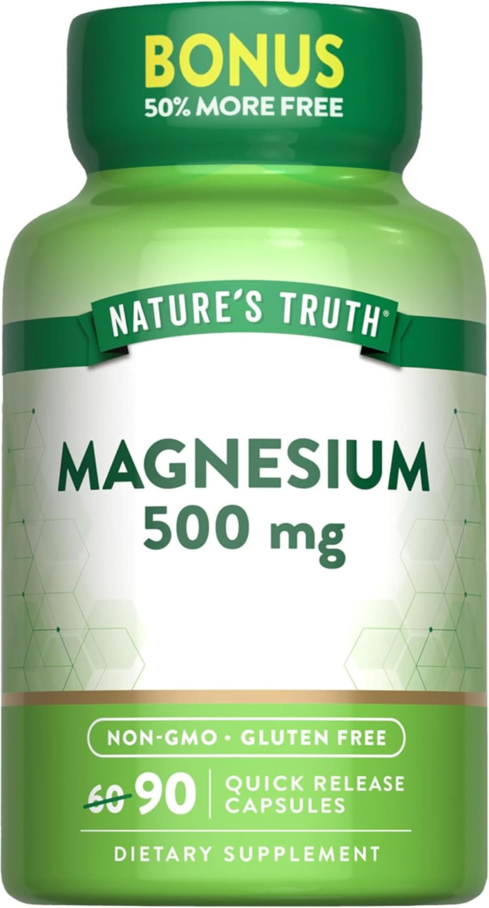 Nature's Truth Magnesium Oxide 500mg bottle showing gluten-free supplement for muscle and bone support.