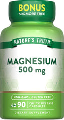 Nature's Truth Magnesium Oxide 500mg bottle showing gluten-free supplement for muscle and bone support.