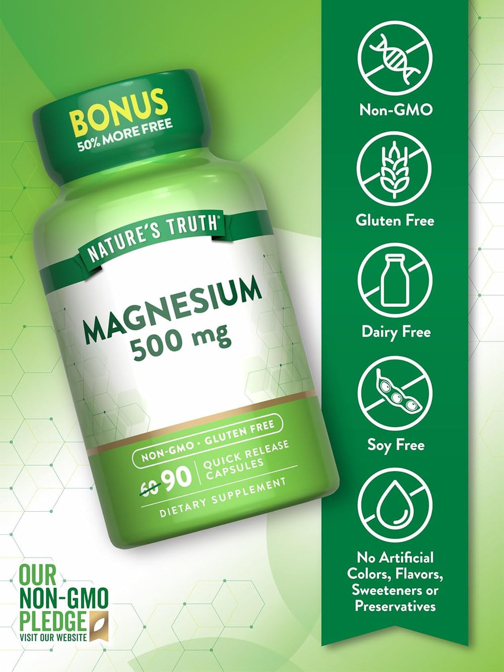 Nature's Truth Magnesium Oxide capsules highlight quick-release formula for easy daily nourishment.