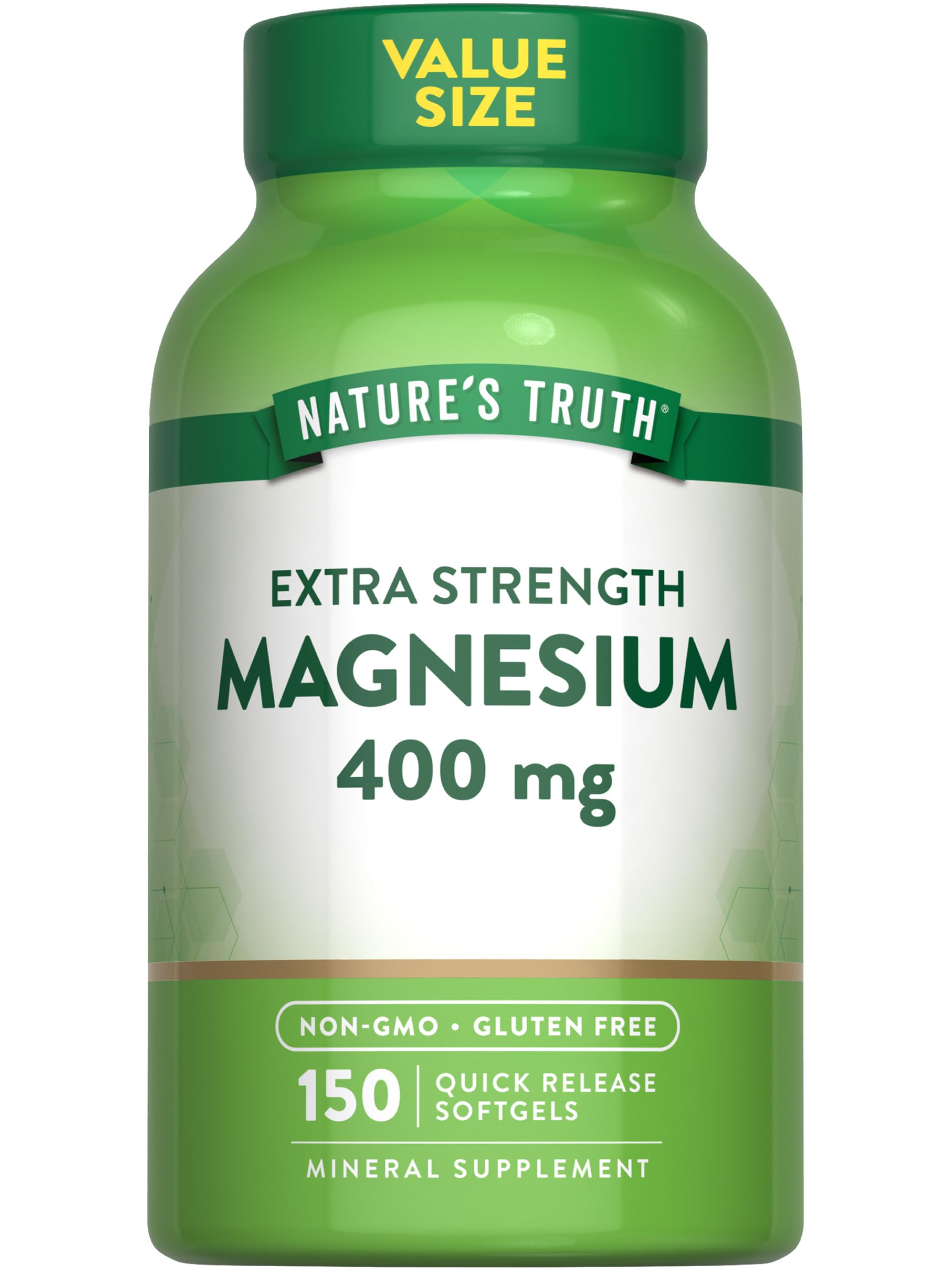 Nature's Truth magnesium oxide softgel bottle showing 400 mg per serving for daily wellness
