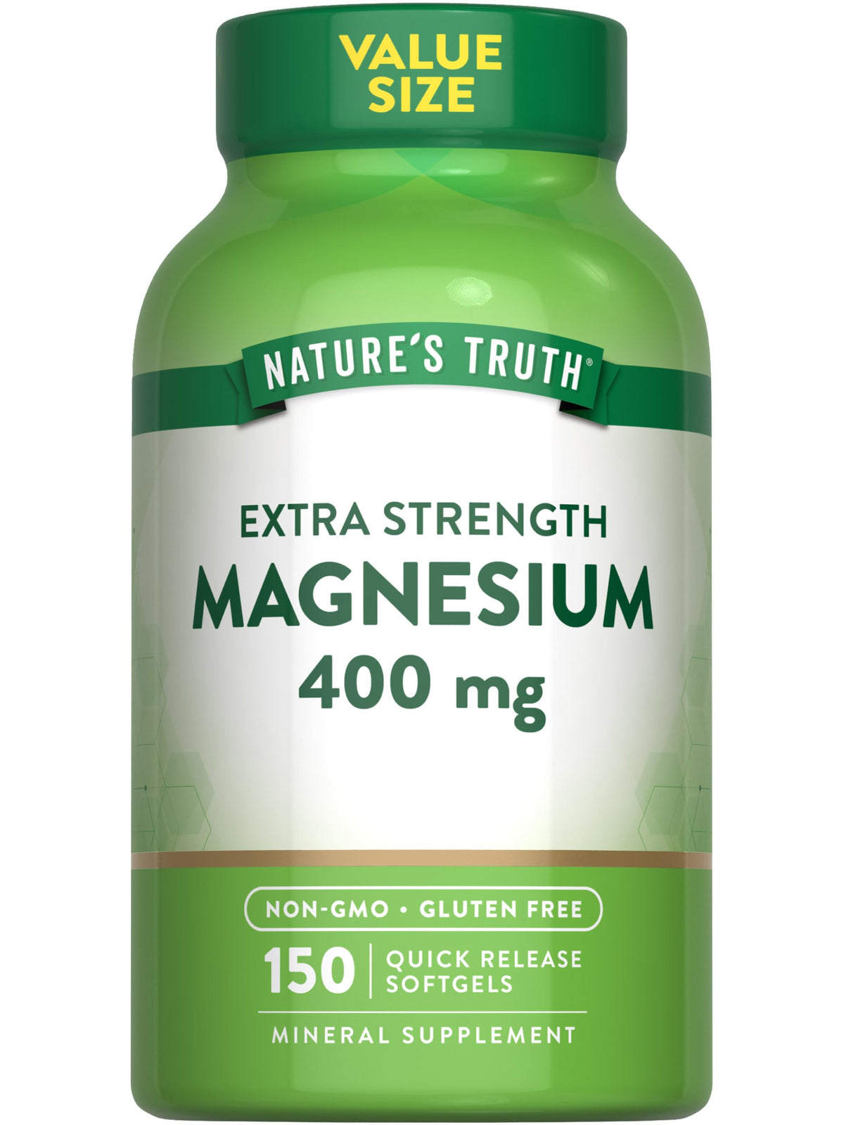 Nature's Truth magnesium oxide softgel bottle showing 400 mg per serving for daily wellness
