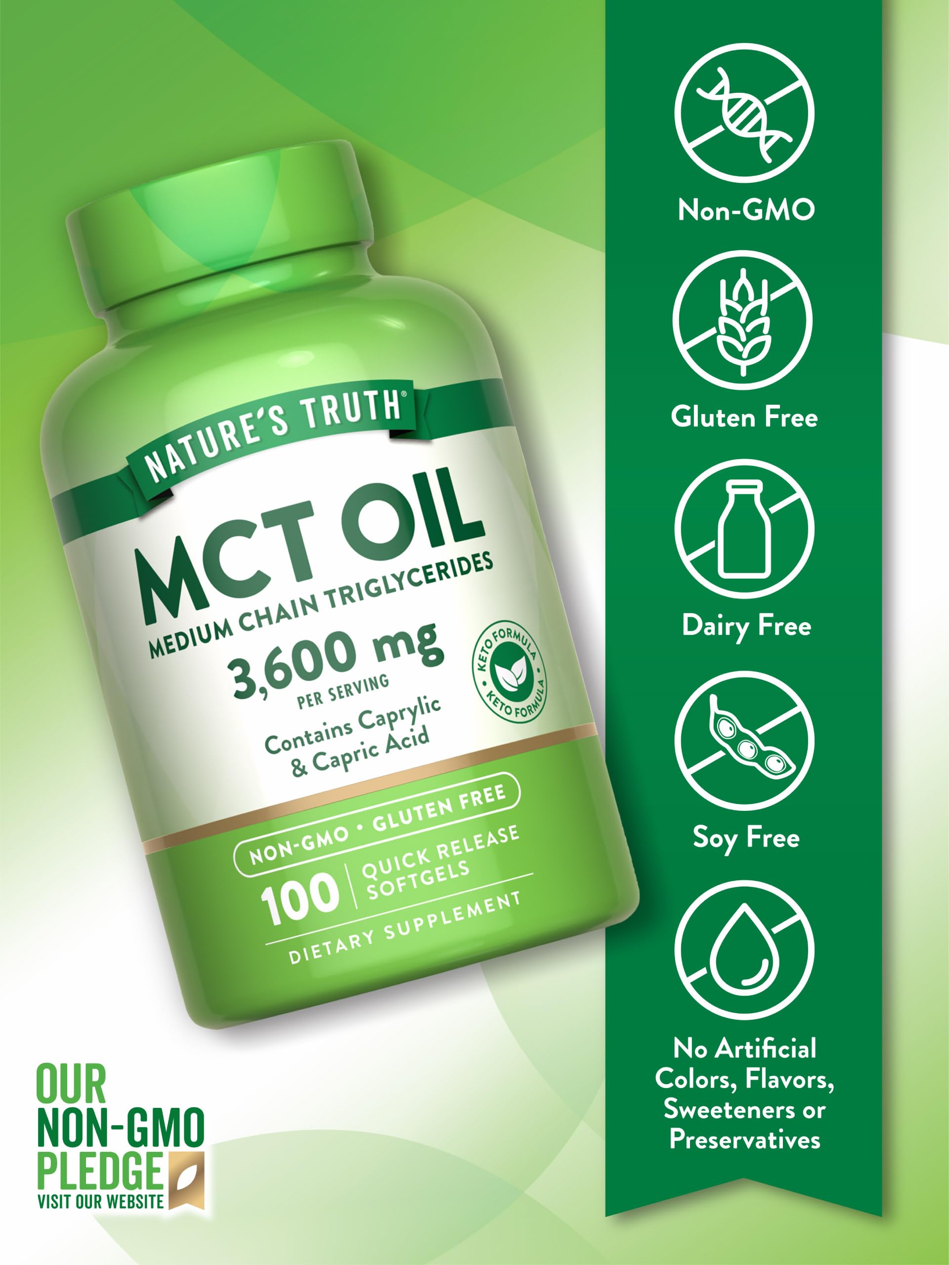 Bottle label highlights caprylic and capric acids in Nature's Truth MCT pills.