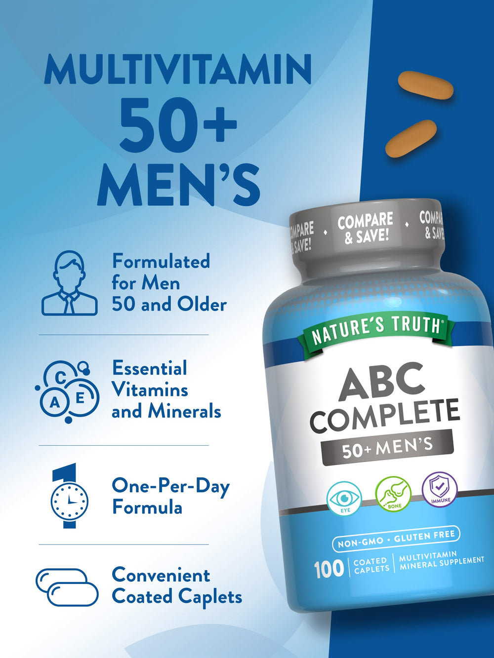 Nature's Truth Men 50+ multivitamin glass on dresser implies easy daily intake