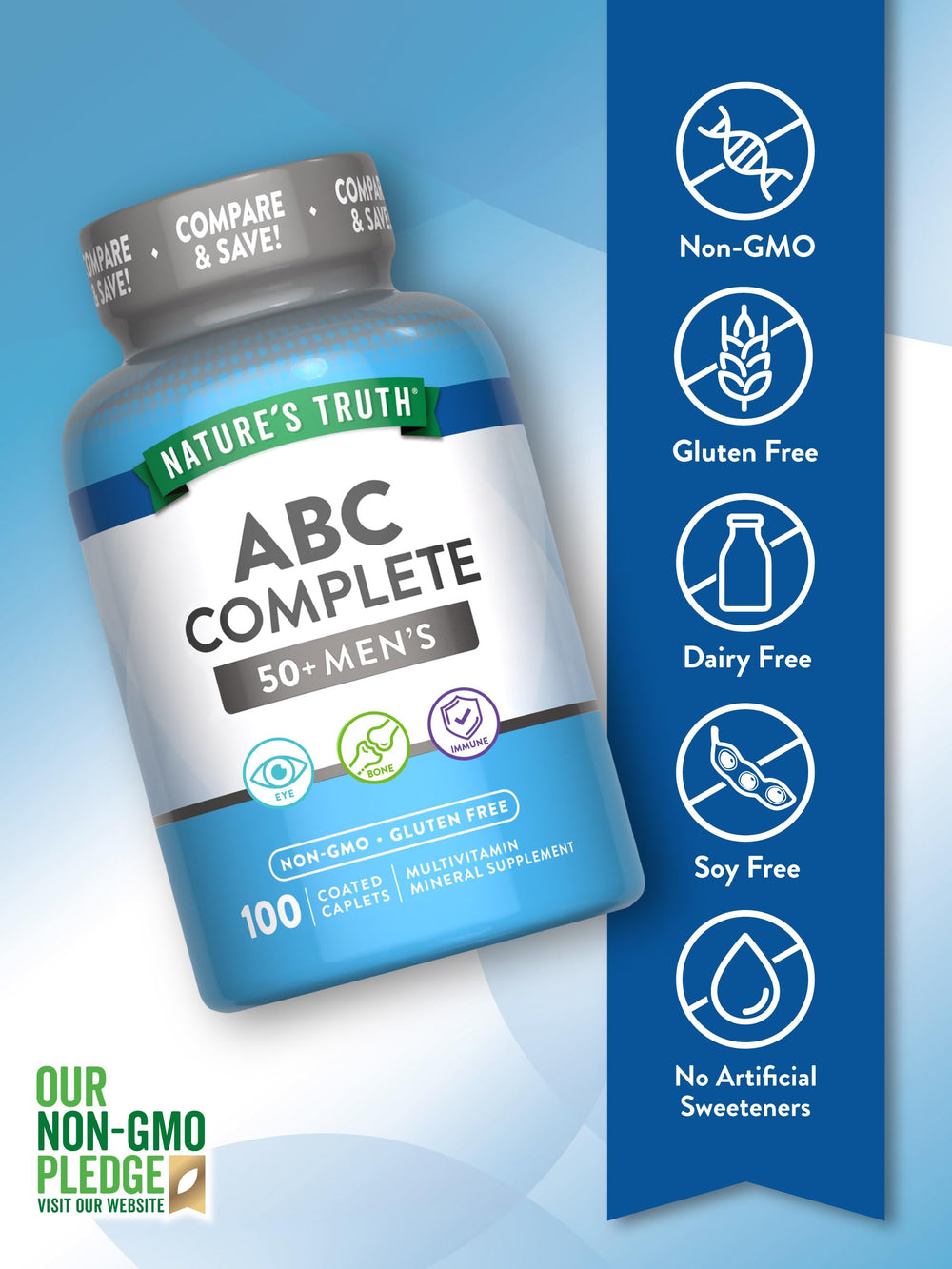 Nature's Truth Men 50+ multivitamin label highlights non-GMO and gluten-free formula