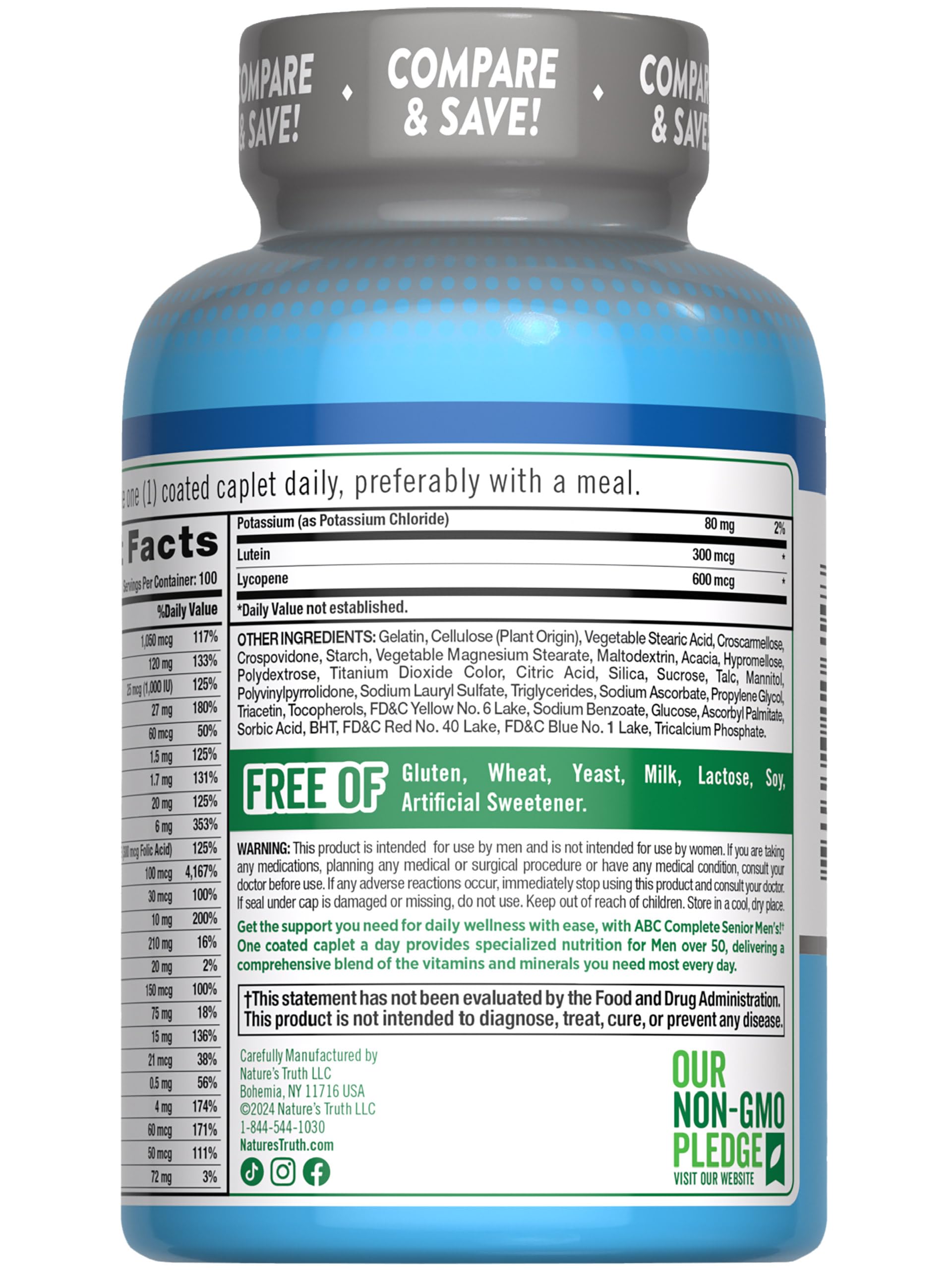 Nature's Truth Men 50+ multivitamin supplement presentation emphasizes trusted brand heritage