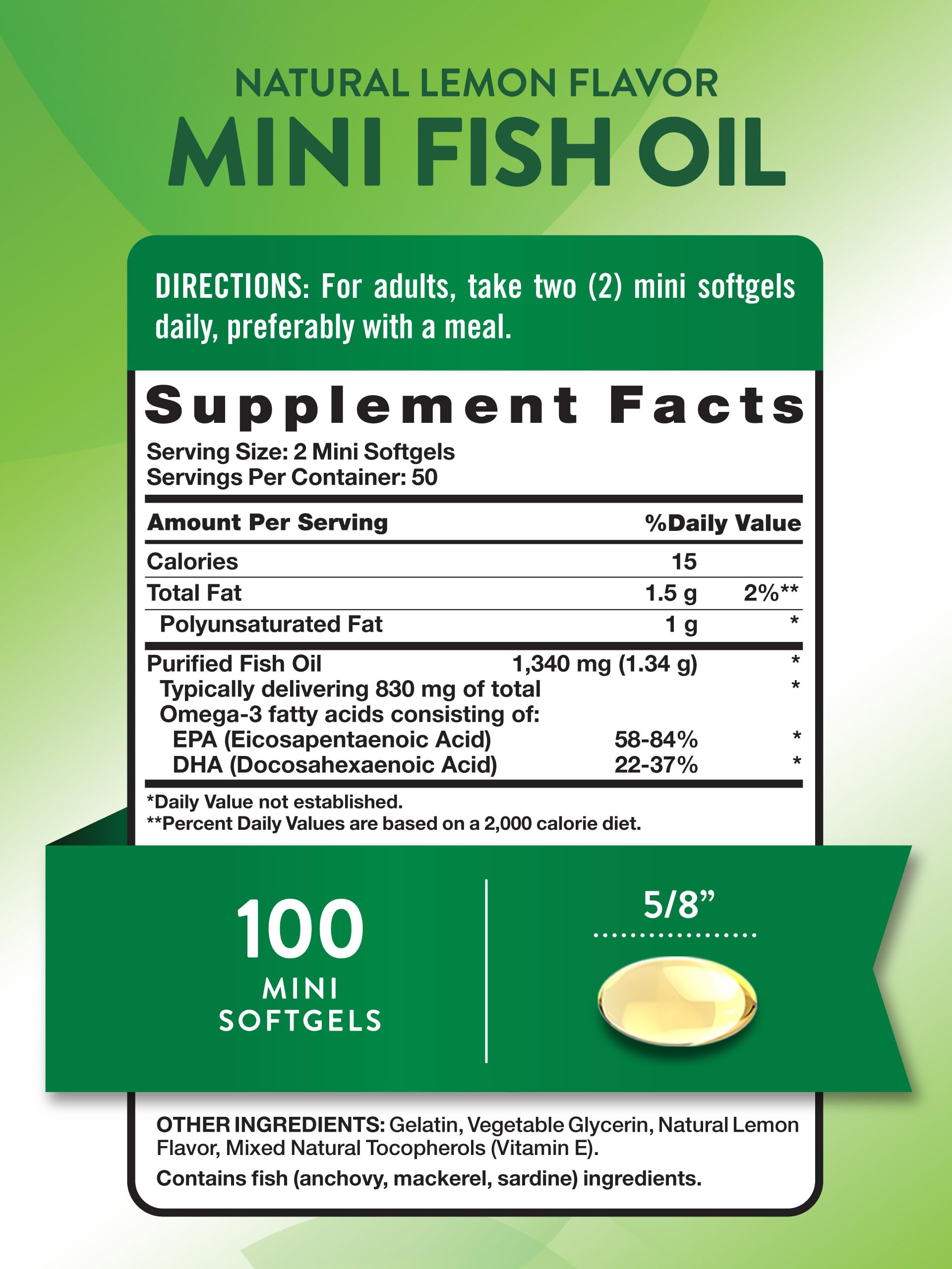 Nature's Truth mini fish oil bottle-back label highlighting non-GMO and gluten-free notes