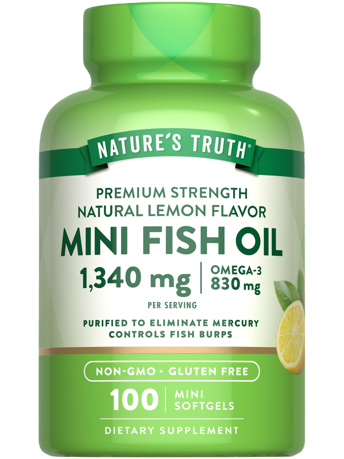 Nature's Truth mini fish oil bottle-front highlighting 1340 mg omega-3 per serving and lemon flavor