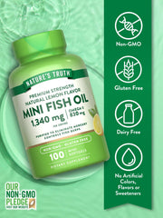 Nature's Truth mini fish oil softgels close-up with lemon flavor for burp-free intake