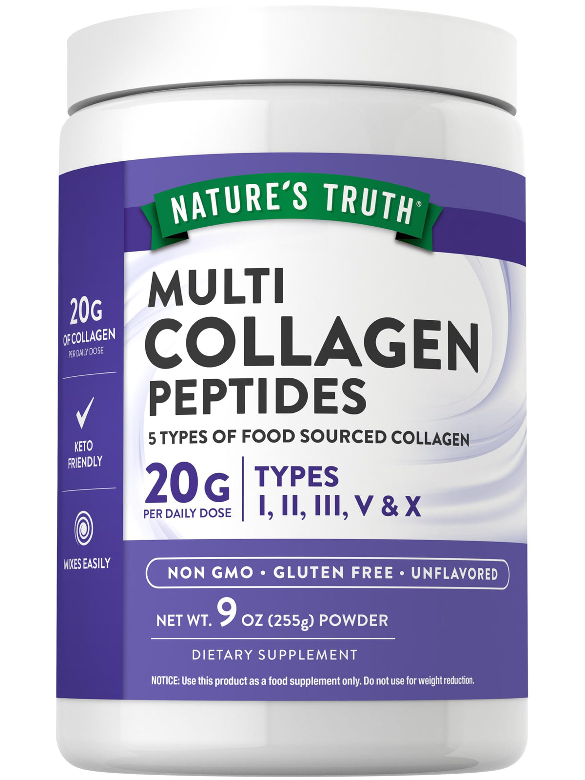 Nature's Truth Multi Collagen Peptide Powder tub front with five collagen types highlighted.