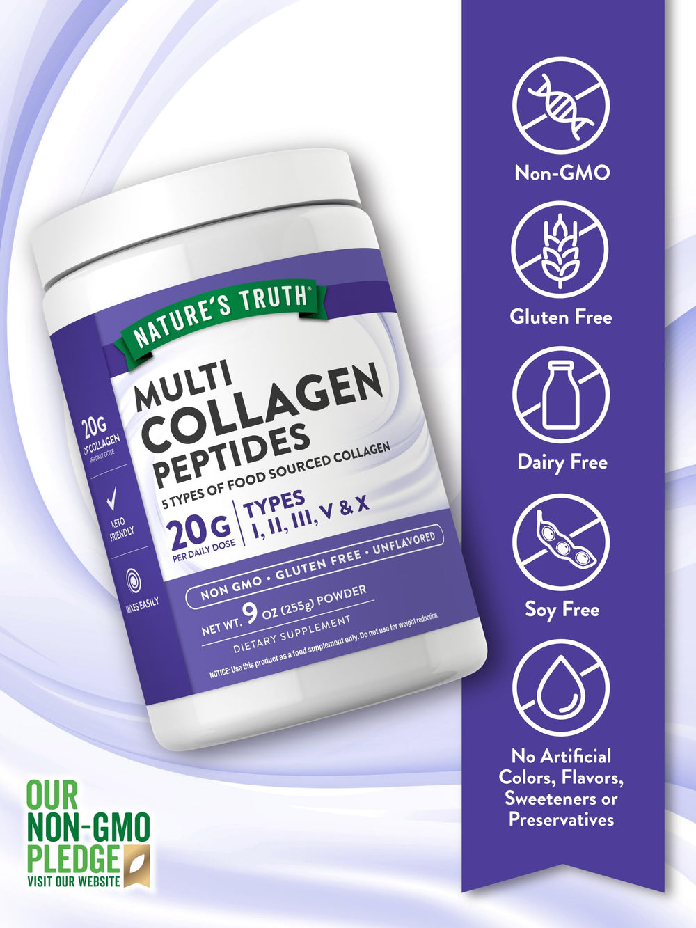 Nature's Truth Multi Collagen Powder unflavored pour into beverage for neutral taste.