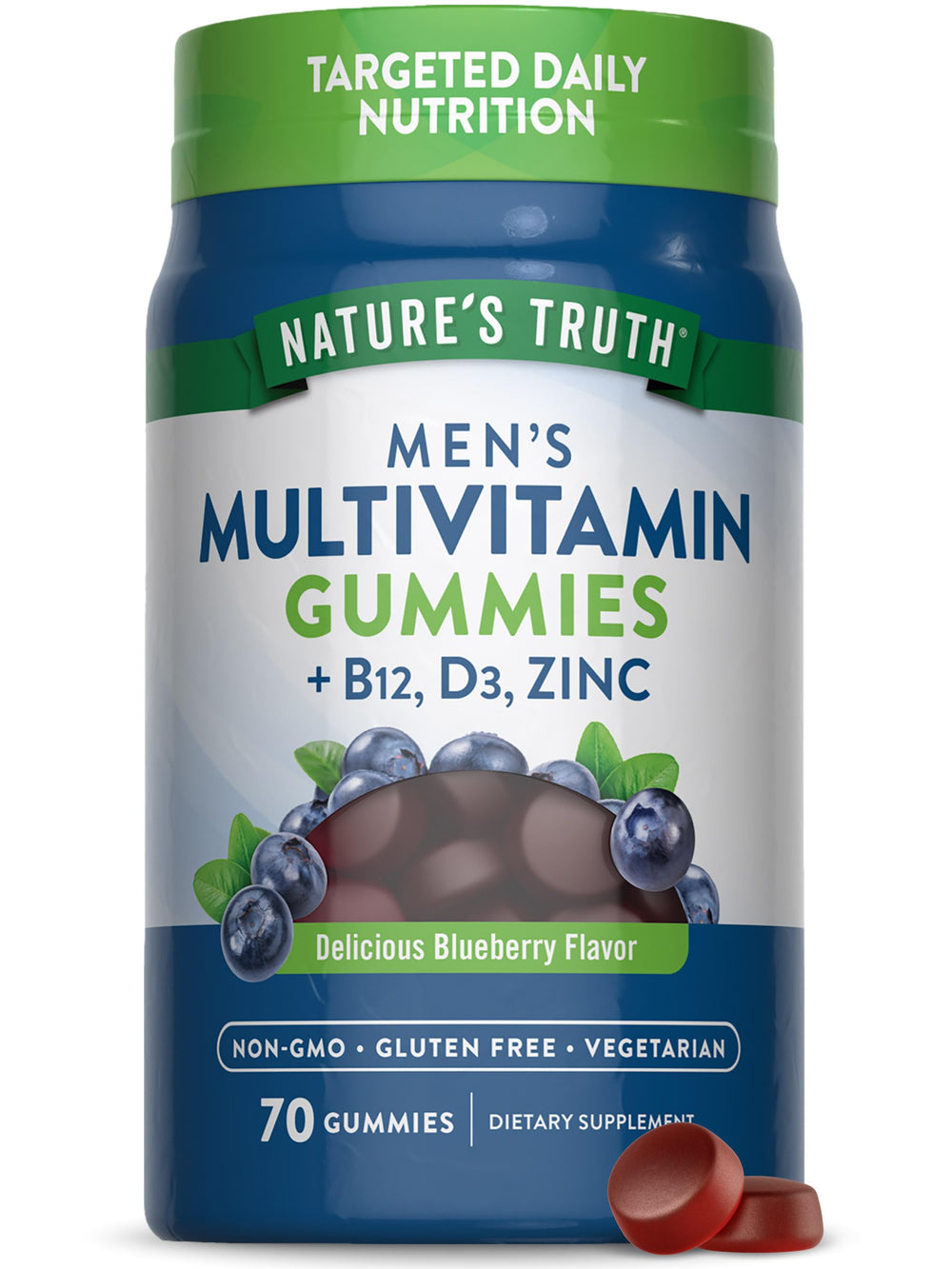 Nature's Truth Multivitamin for Men Gummies bottle with blueberry flavor for daily nutrition.