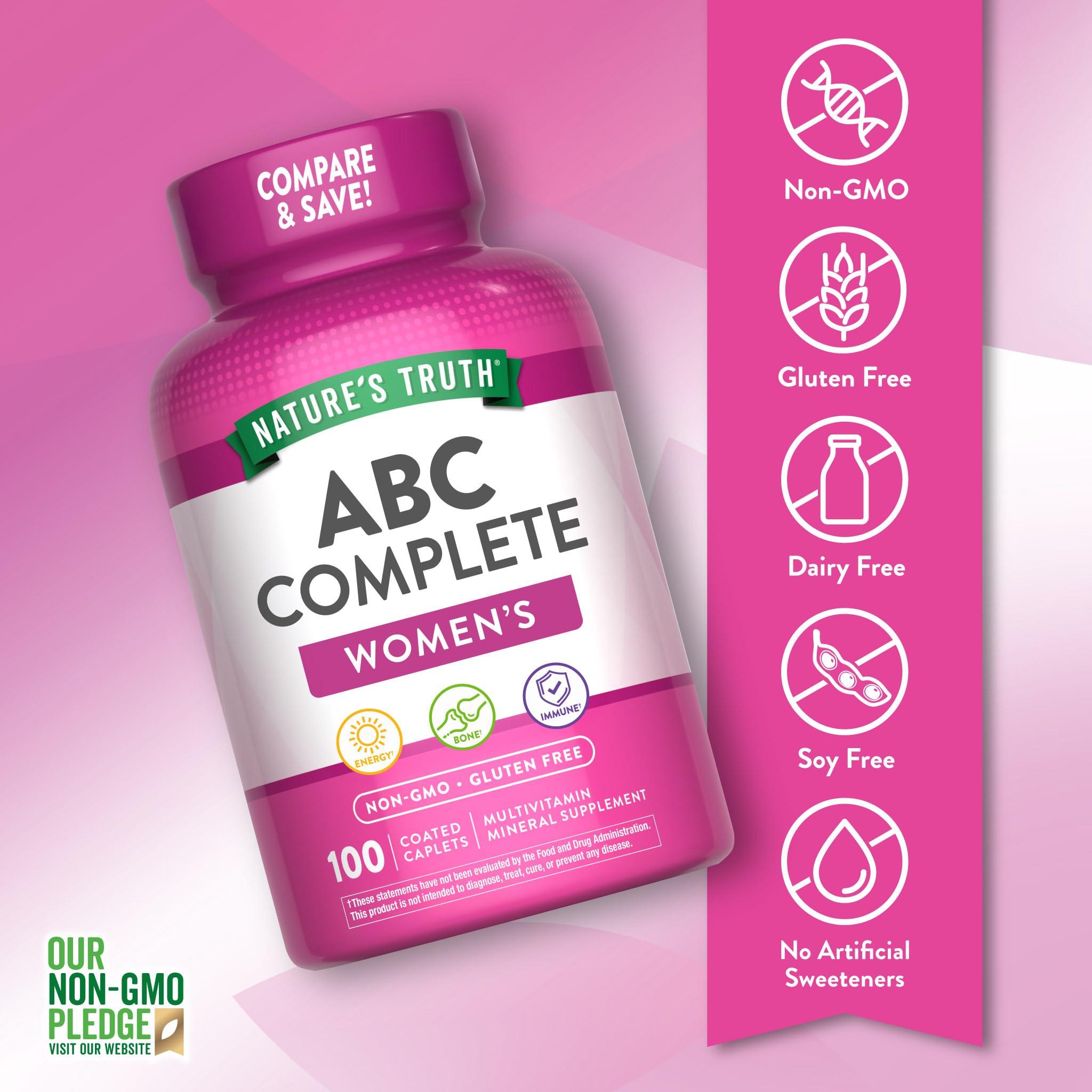 Nature's Truth multivitamin for women with iron bottle pour demonstrates convenient single daily caplet routine.