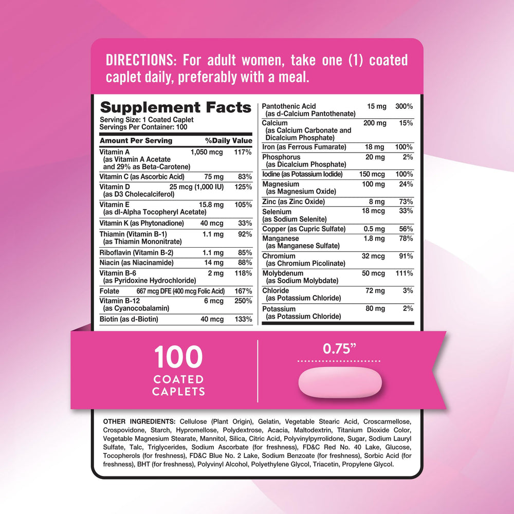 Nature's Truth multivitamin for women with iron caplet closeup highlights a smooth, coated formula.